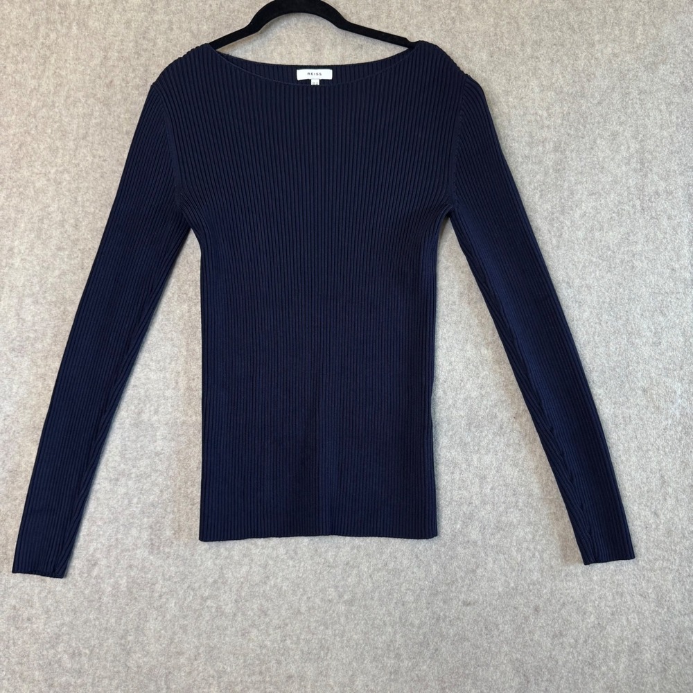 Reiss Navy Ribbed Long Sleeve Scoop Neck Sweater